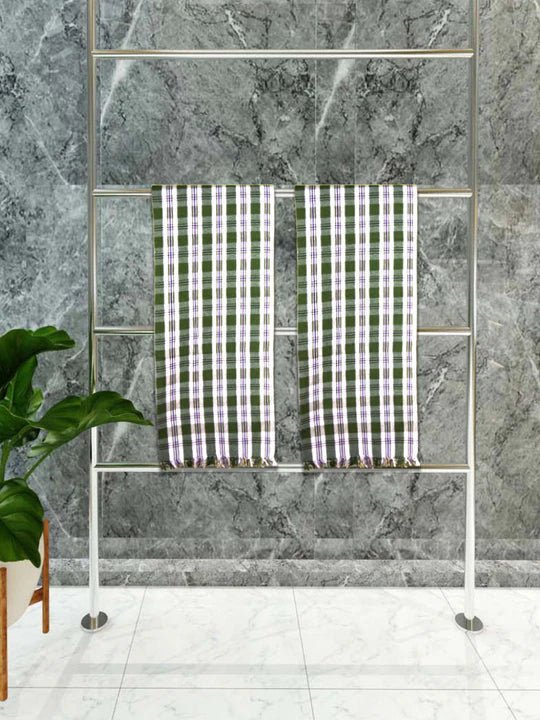 Athom Living Premium Gamcha Bath Towel 75 x 150 cm Pack of 2 White with Green checkered - Athom Living