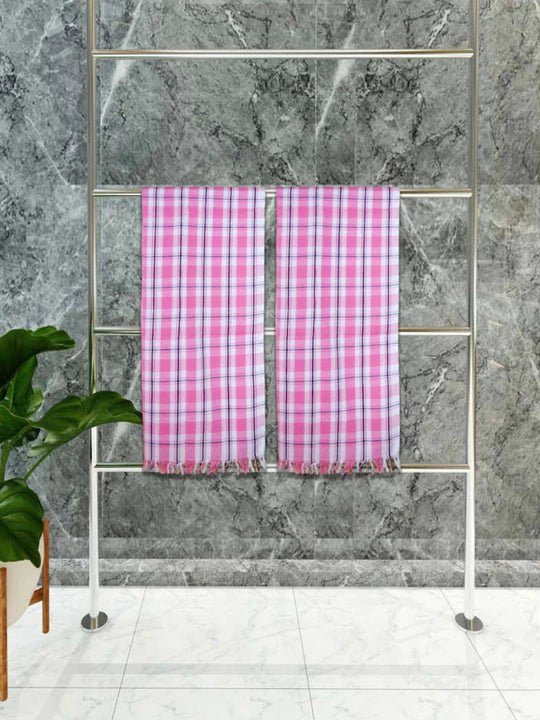 Athom Living Premium Gamcha Bath Towel 75 x 150 cm Pack of 2 White with Pink checkered - Athom Living