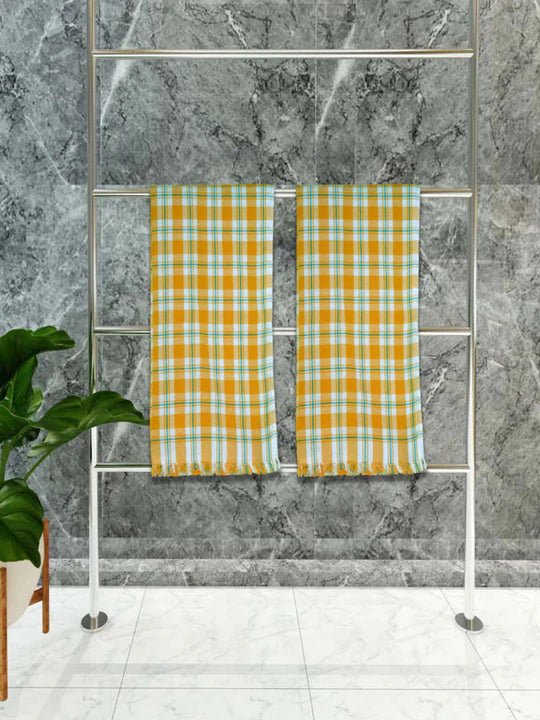 Athom Living Premium Gamcha Bath Towel 75 x 150 cm Pack of 2 White with Yellow checkered - Athom Living