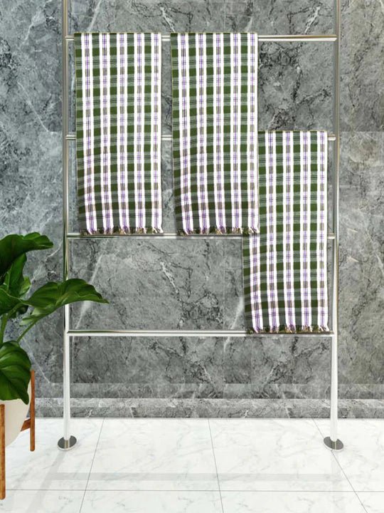 Athom Living Premium Gamcha Bath Towel 75 x 150 cm Pack of 3 White with Green checkered - Athom Living