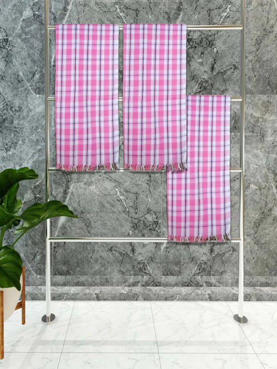 Athom Living Premium Gamcha Bath Towel 75 x 150 cm Pack of 3 White with Pink checkered - Athom Living