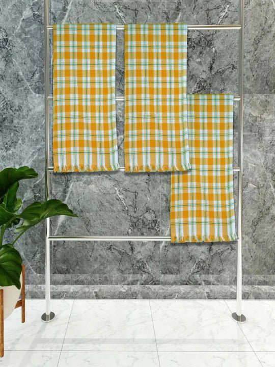 Athom Living Premium Gamcha Bath Towel 75 x 150 cm Pack of 3 White with Yellow checkered - Athom Living