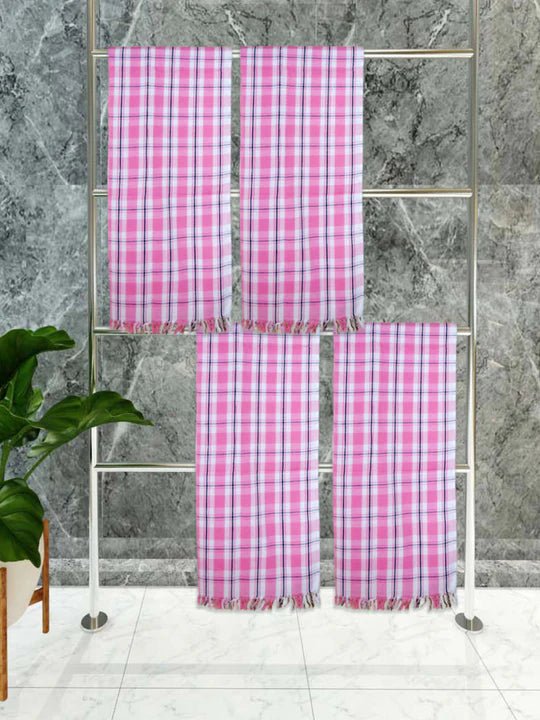 Athom Living Premium Gamcha Bath Towel 75 x 150 cm Pack of 4 White with Pink checkered - Athom Living