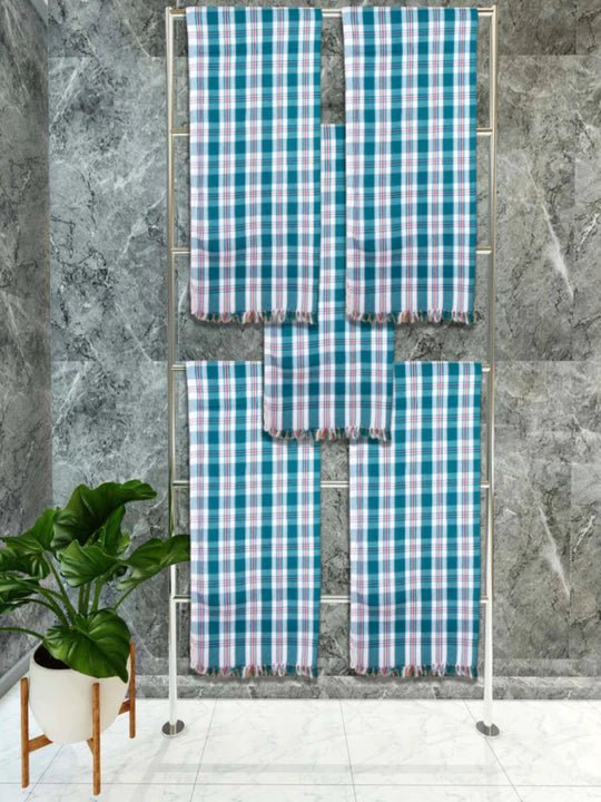 Athom Living Premium Gamcha Bath Towel 75 x 150 cm Pack of 5 White with Bottle Green checkered - Athom Living