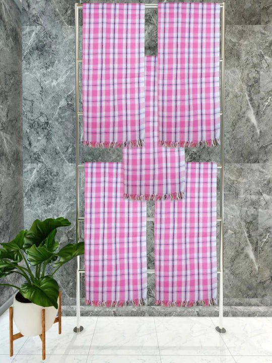 Athom Living Premium Gamcha Bath Towel 75 x 150 cm Pack of 5 White with Pink checkered - Athom Living