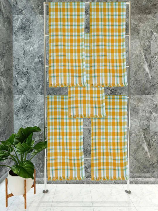 Athom Living Premium Gamcha Bath Towel 75 x 150 cm Pack of 5 White with Yellow checkered - Athom Living
