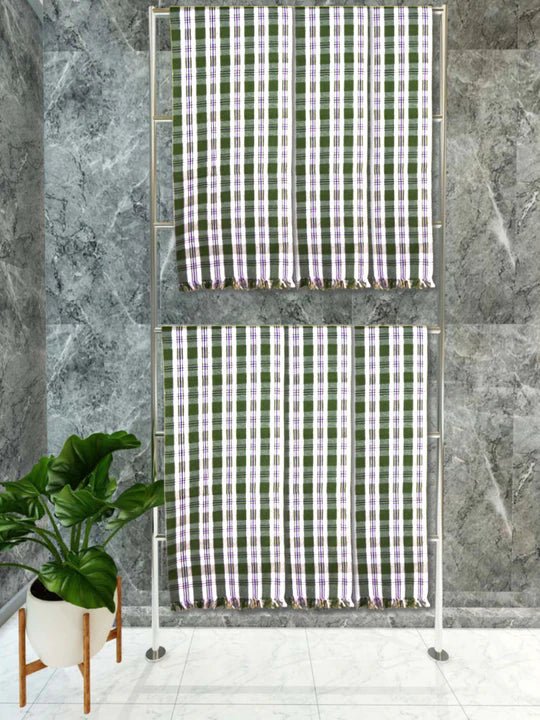 Athom Living Premium Gamcha Bath Towel 75 x 150 cm Pack of 6 White with Green checkered - Athom Living