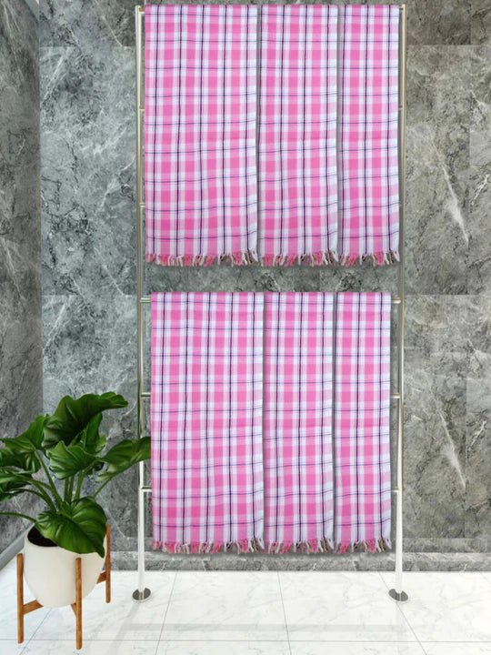 Athom Living Premium Gamcha Bath Towel 75 x 150 cm Pack of 6 White with Pink checkered - Athom Living