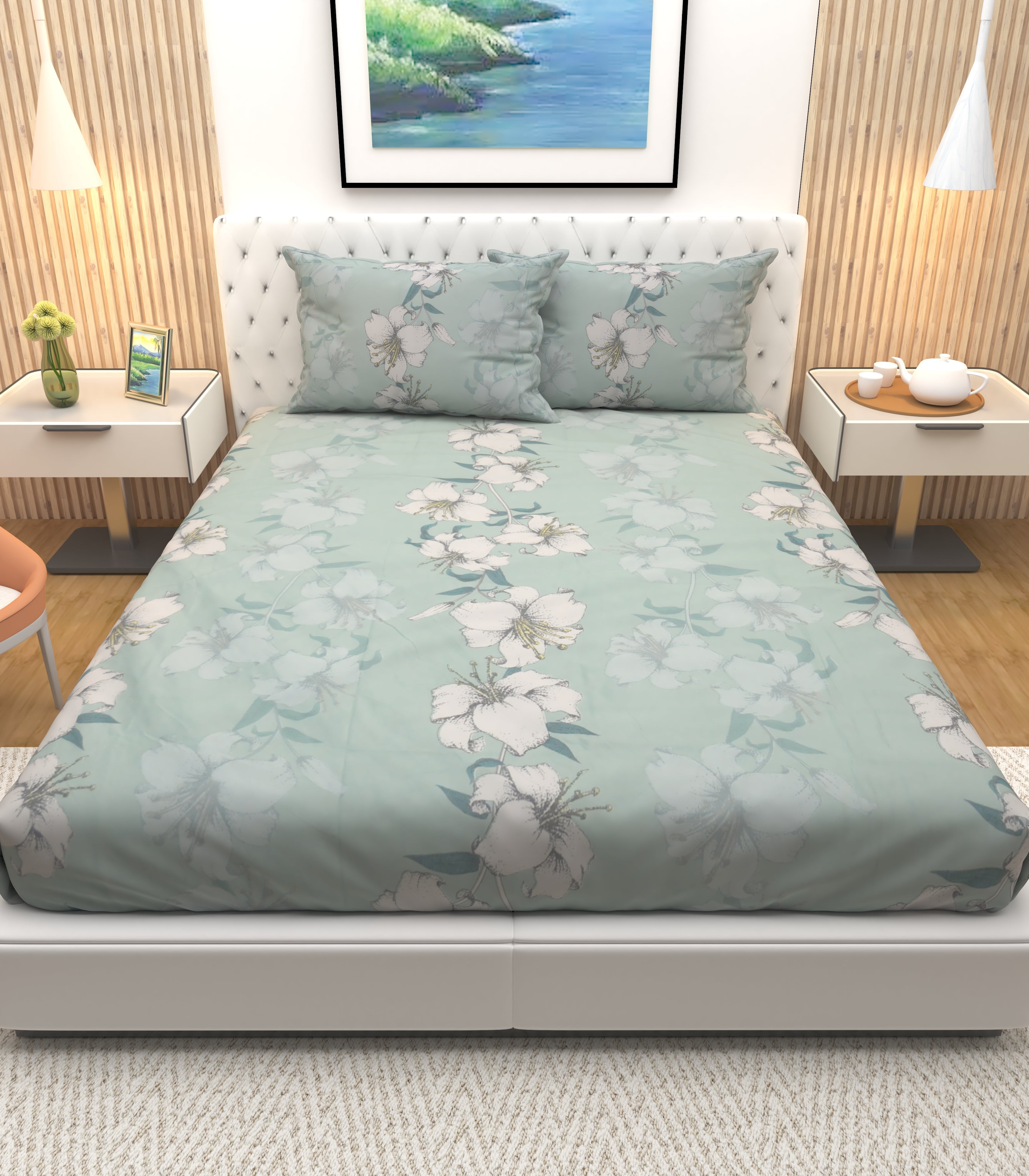 Athom Living Premium Glaciers Green with viola flowers printed Double Bedsheet with 2 Pillow Cover - Athom Living