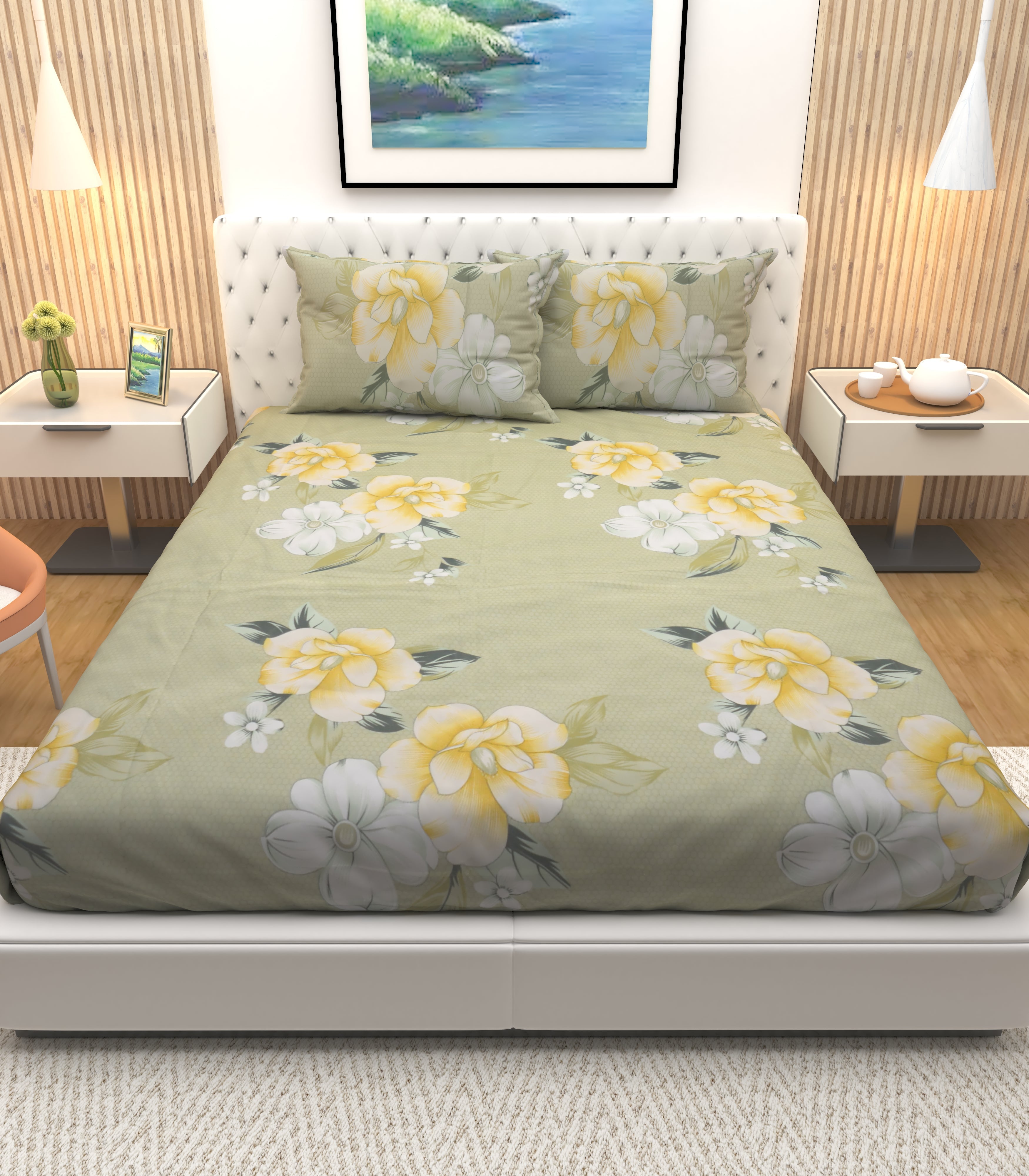 Athom Living Premium Glory green with maple Flower printed Bedsheet with 2 Pillow Cover - Athom Living