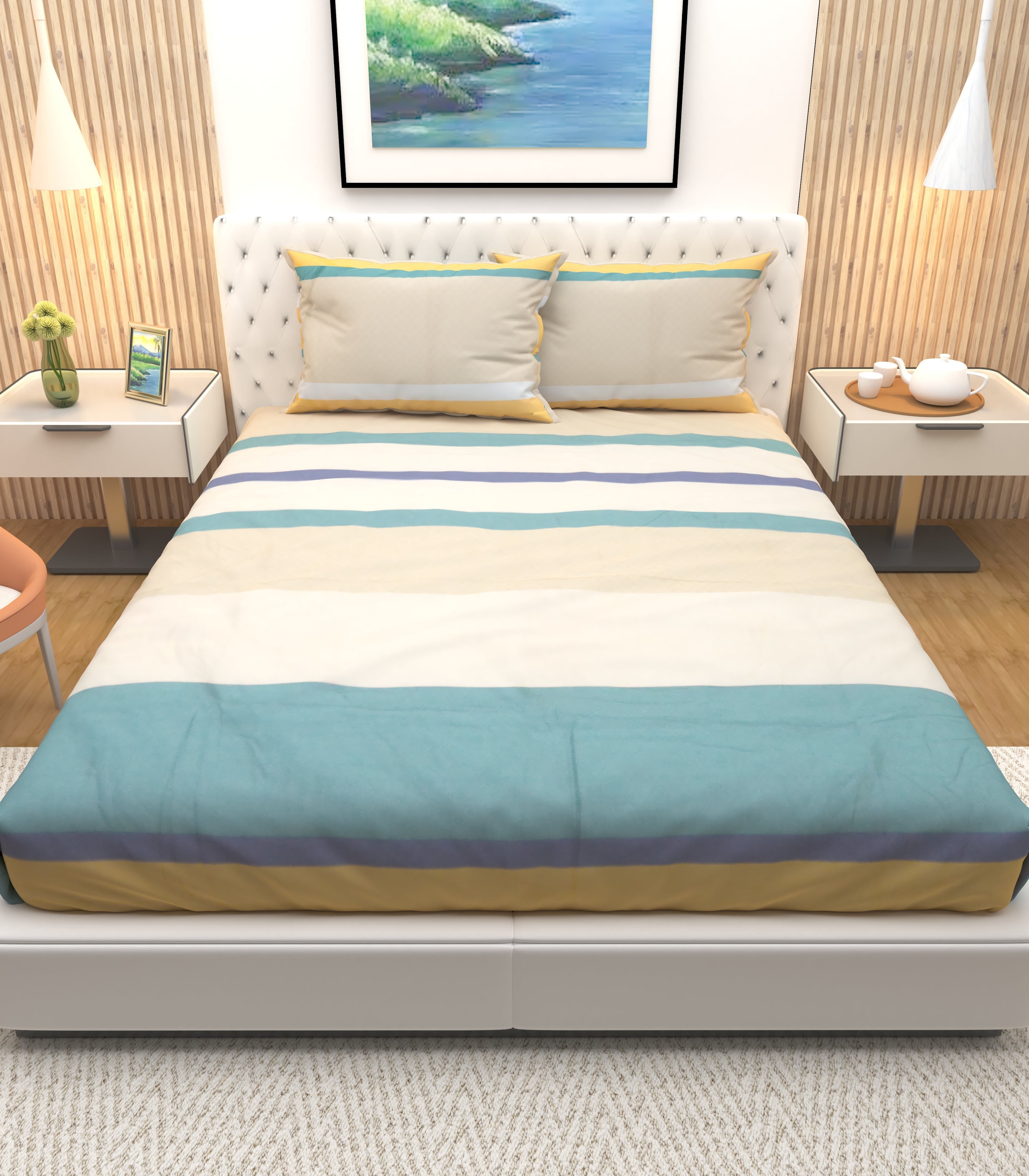 Athom Living Premium Iris Cream coloured Striped Multicoloured Double Bedsheet with 2 Pillow Cover - Athom Living