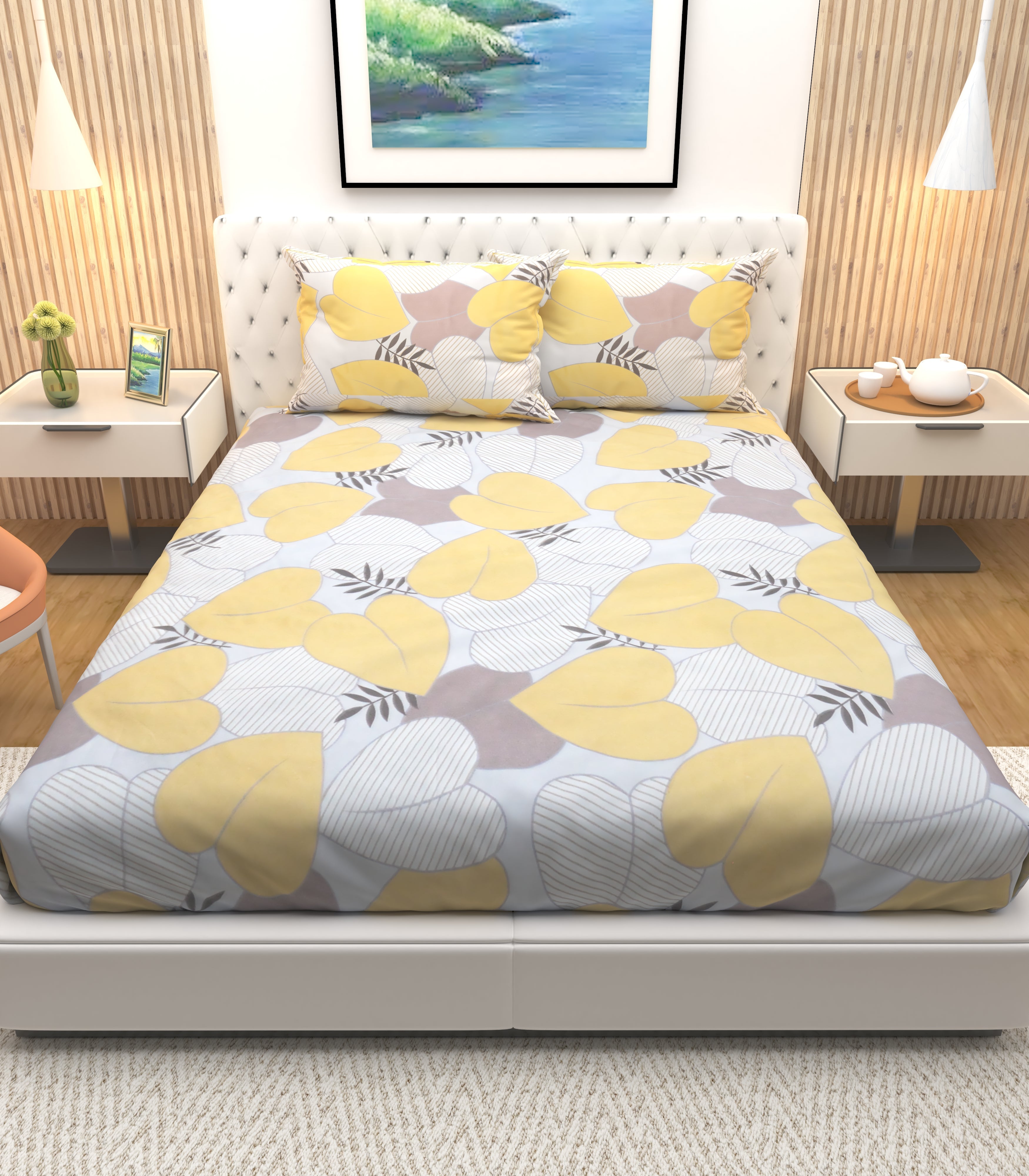 Athom Living Premium Lavender Leaf themed with Cosmos Flower printed Double Bedsheet with 2 Pillow Covers - Athom Living