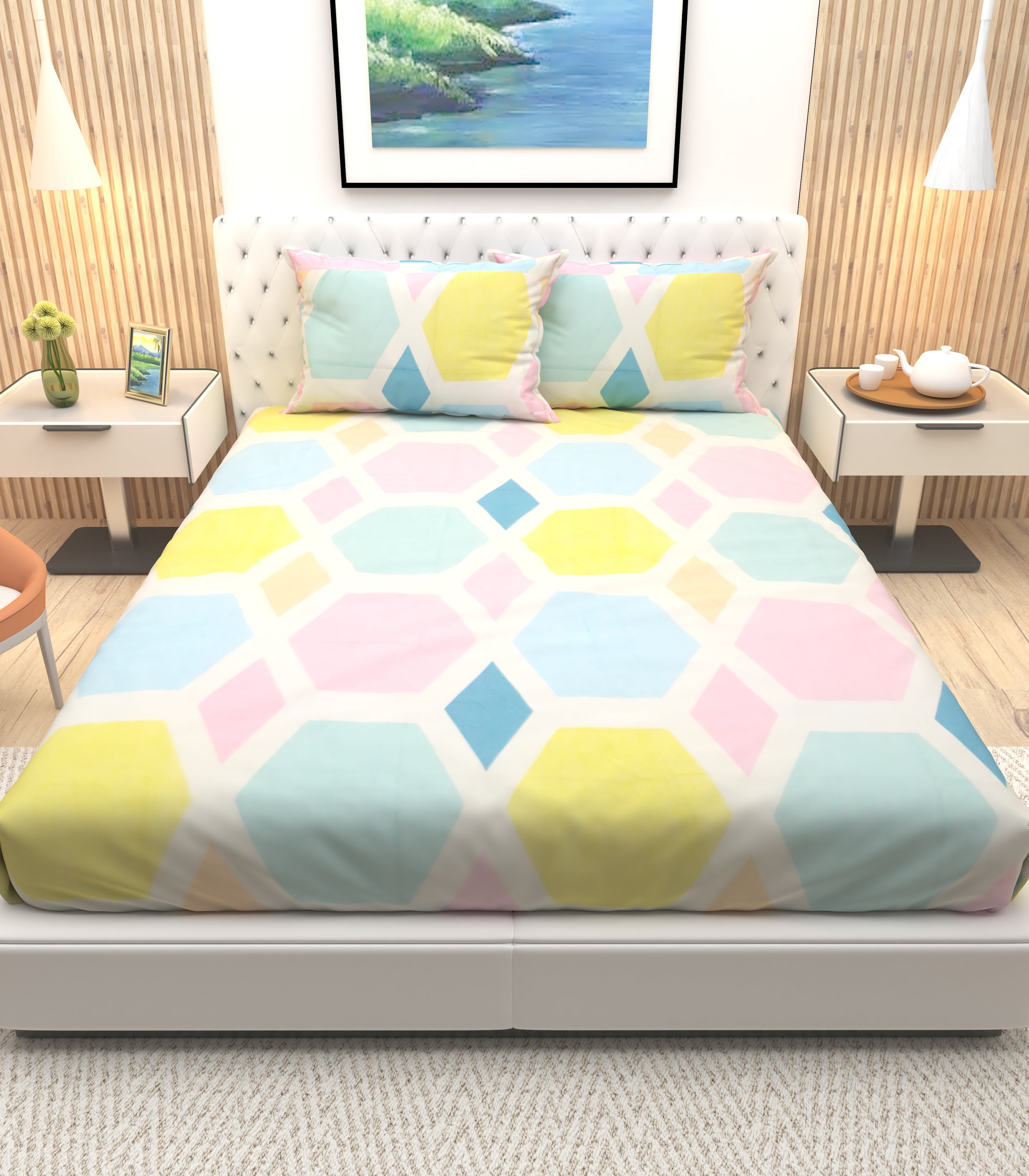 Athom Living Premium Marrie Gold Coloured Hexagonal Shape multicoloured Double Bedsheet with 2 Pillow Cover - Athom Living