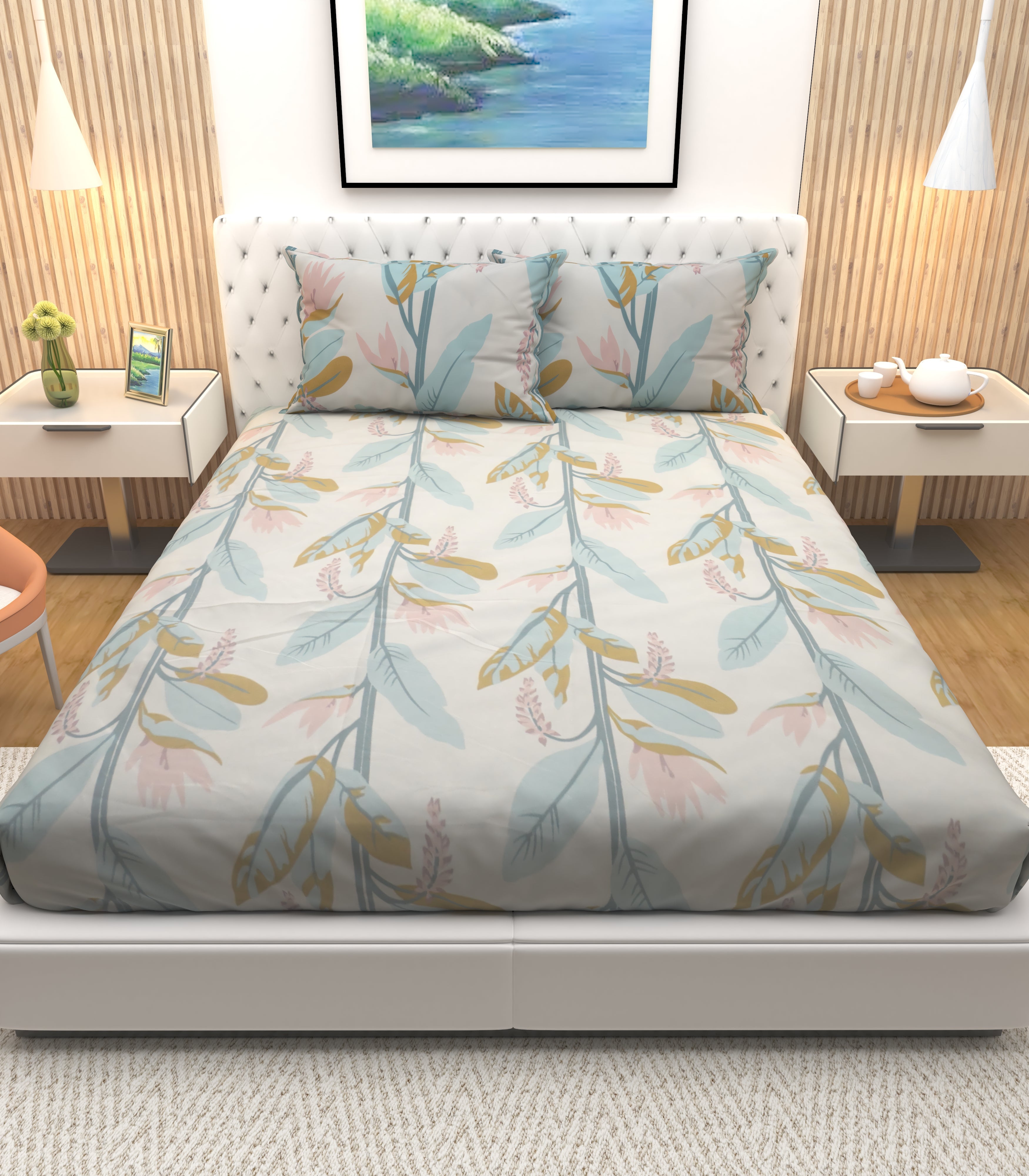 Athom Living Premium possy grey plant themed Double Bedsheet Bedsheet with 2 Pillow Cover - Athom Living