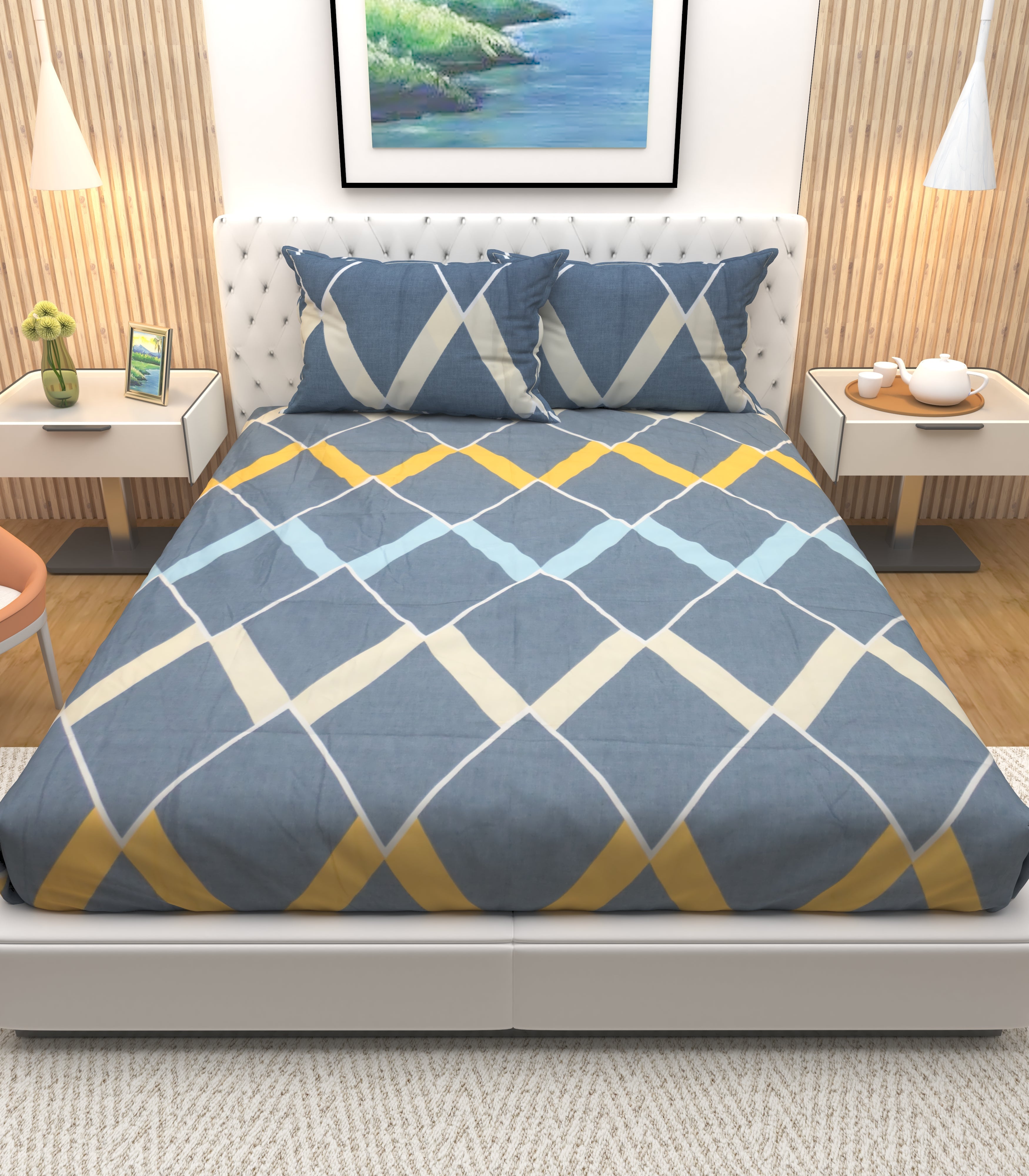 Athom Living Premium Spiky Blue Diamond shape designed printed Double Bedsheet with 2 Pillow Cover - Athom Living