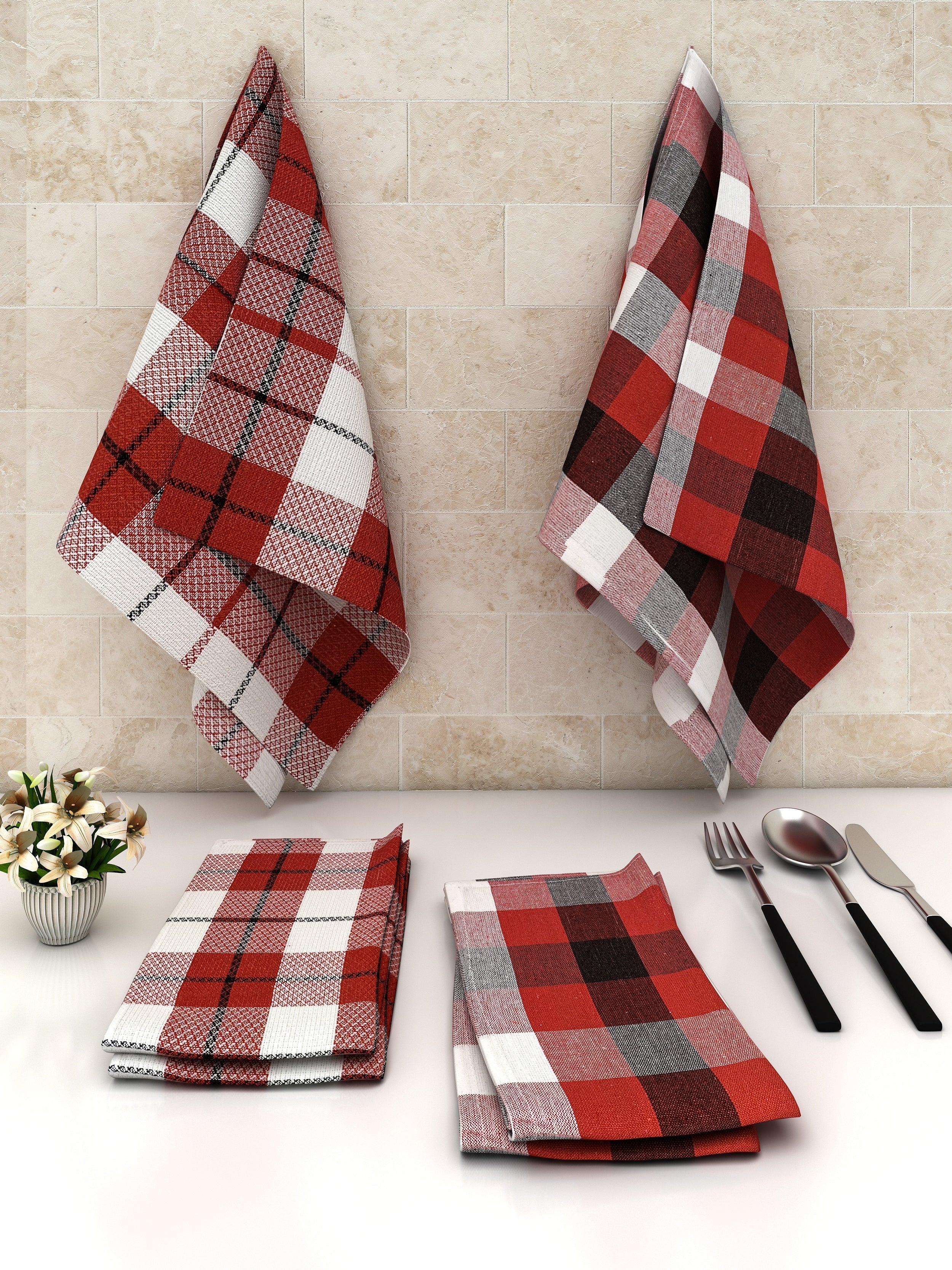Athom Living Red Big Checks Cotton Multipurpose Kitchen Towel/Cleaning Cloth 30x55 Cm - Athom Living