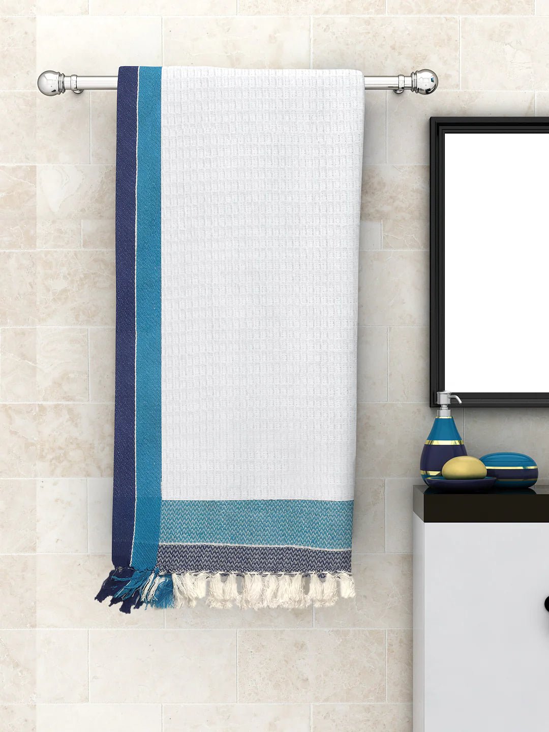 Athom Living Waffle Border Light Weight Woven Cotton Bath Towel- Large - Athom Living