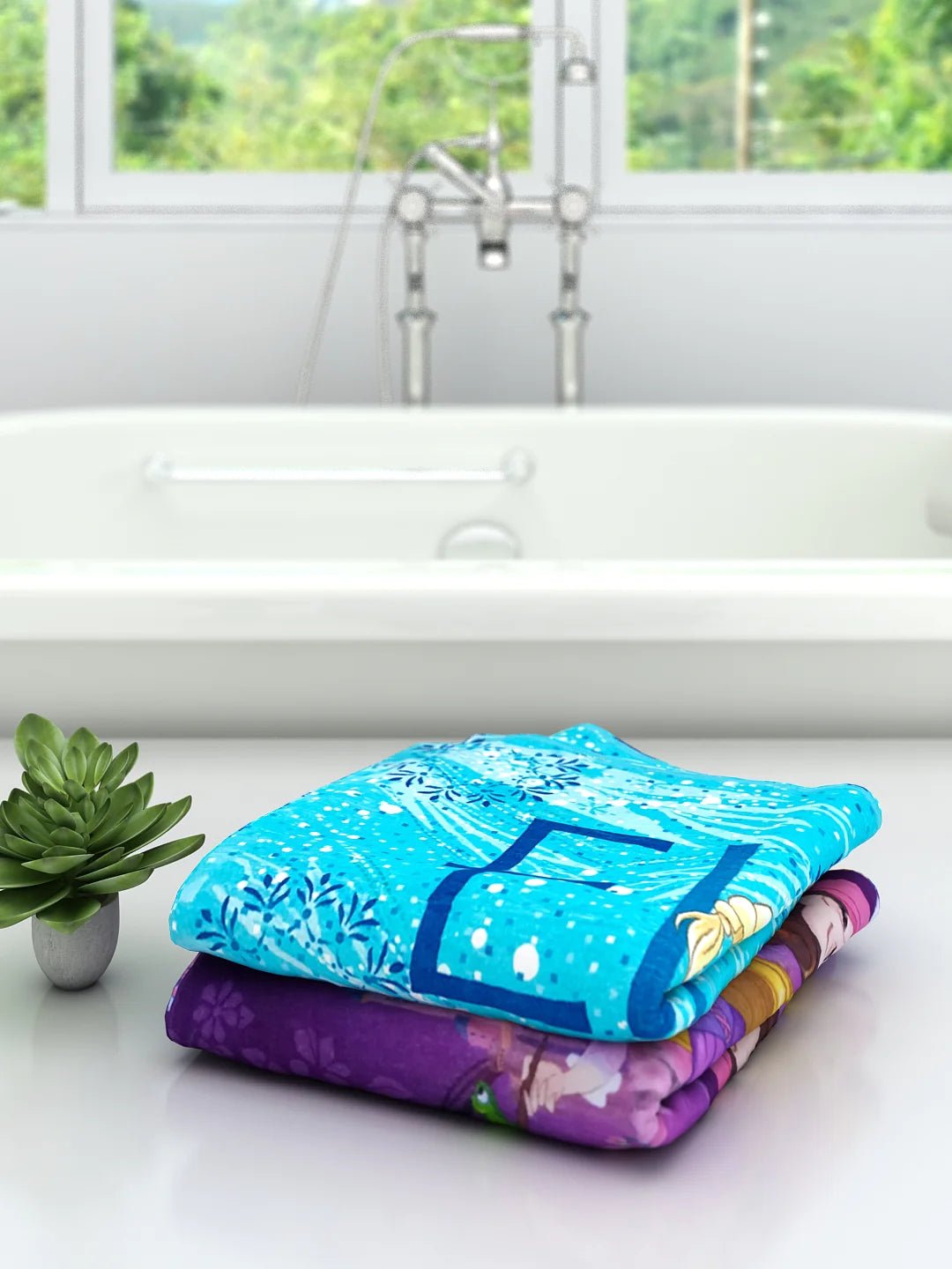 Athom Trendz Disney Princess & Frozen Elsa Kids Cotton Bath Towel 60x120 Cms (Pack Of 2) - Athom Living