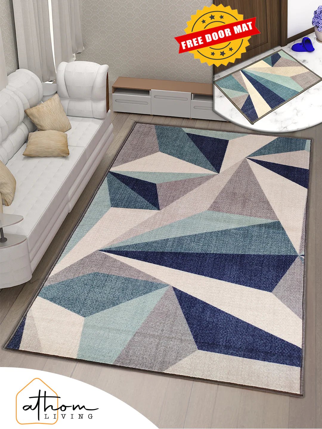 Athom Trendz Distressed Blue Premium Anti Skid Carpet 150x240 Cm - Athom Living