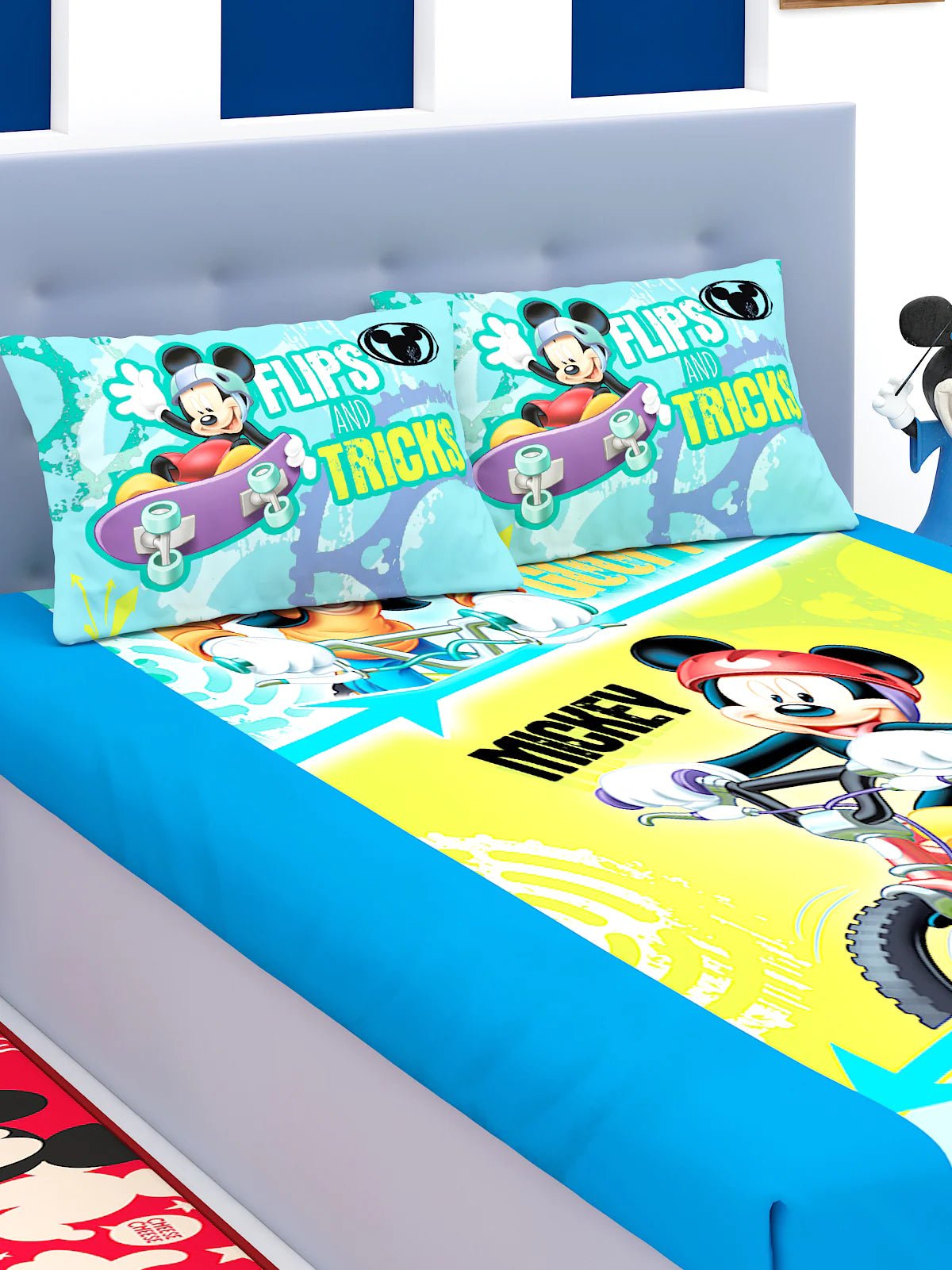 Disney Mickey's Flips & Tricks Mickey Mouse Cotton Double Bedsheet Set- King Size - Athom Living