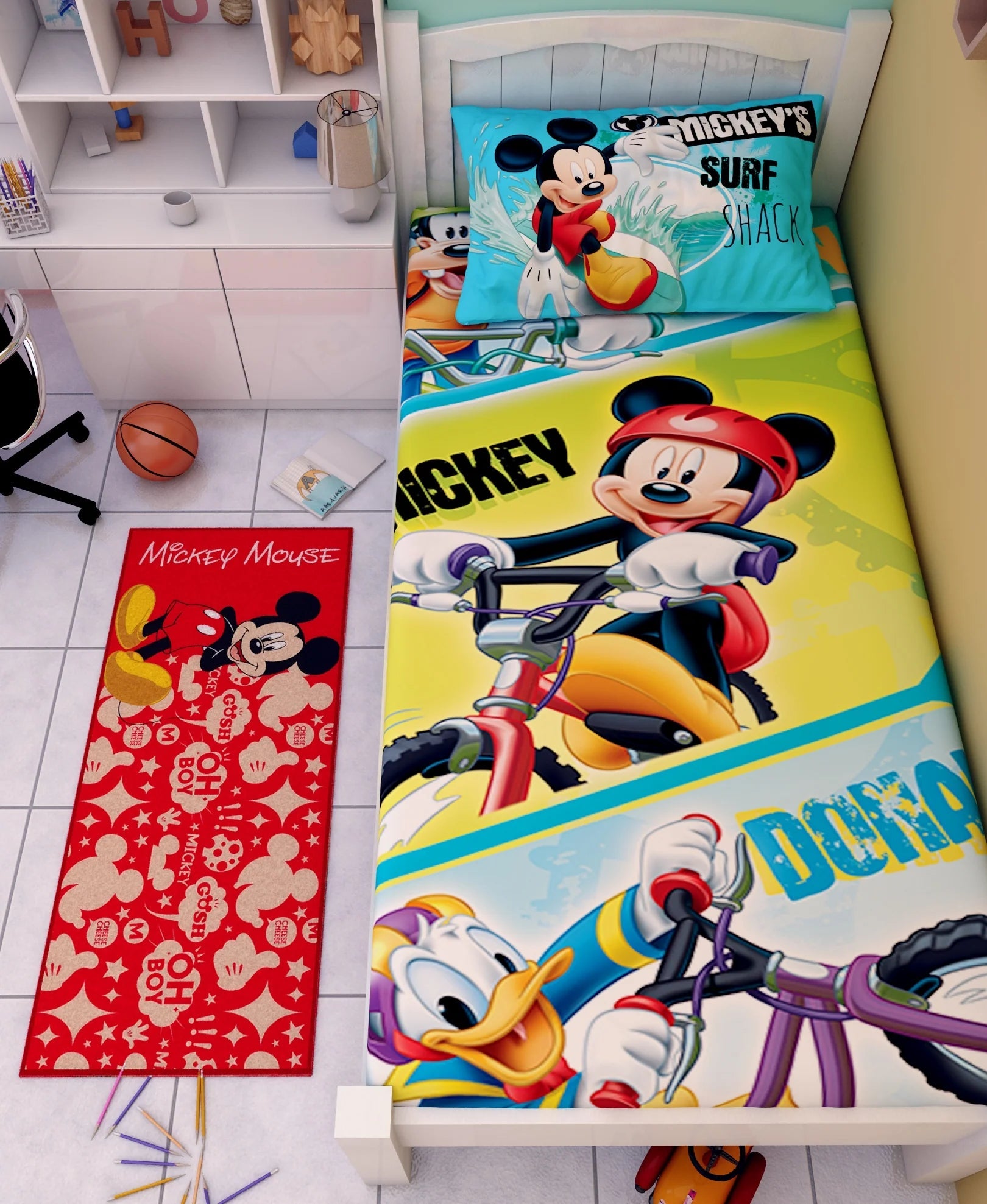 Disney Mickey's Surf Shack Mickey Mouse Cotton Single Bedsheet Set With Runner Carpet - Athom Living