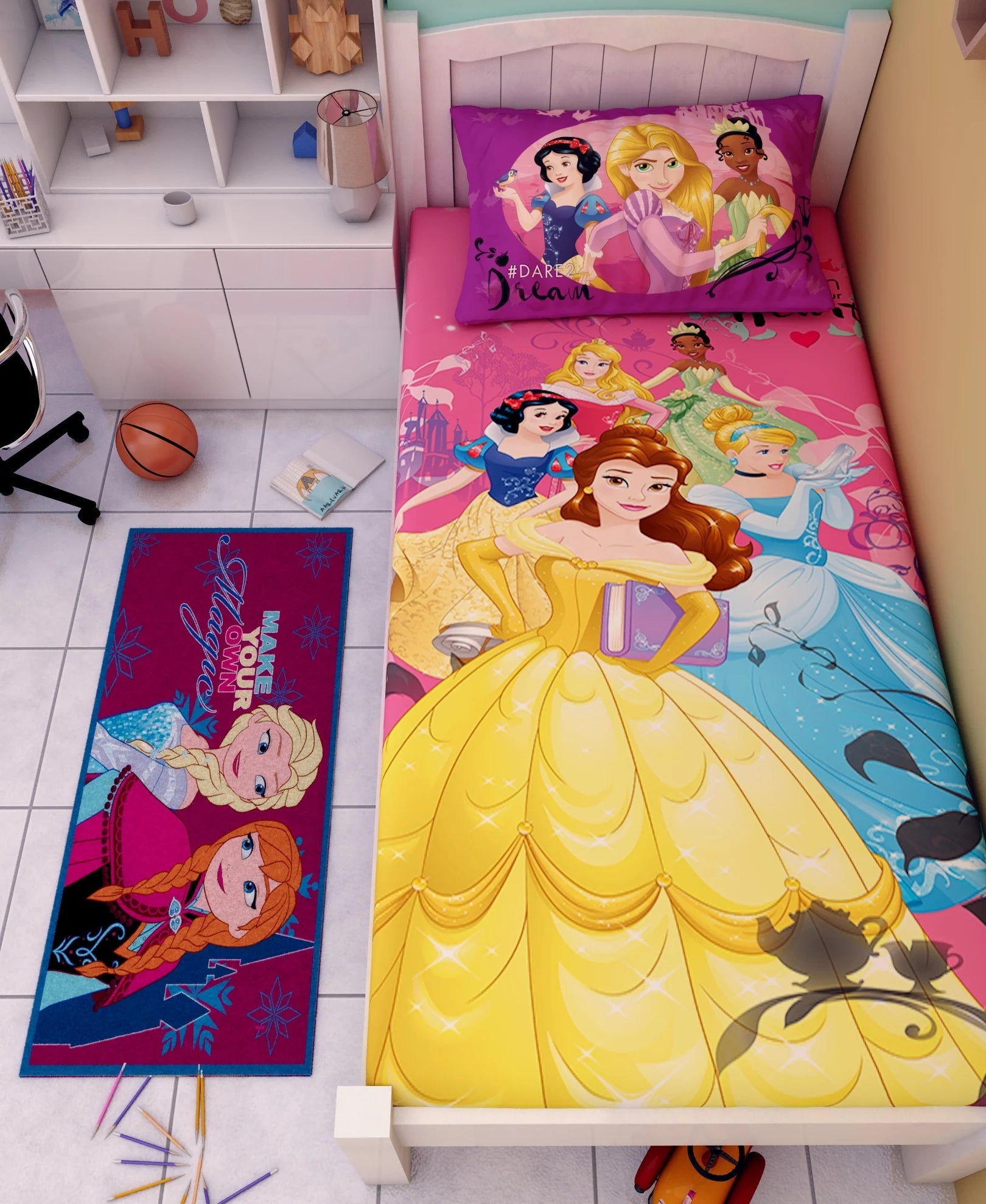 Disney Princess Listen To Your Heart Cotton Single Bedsheet Set With Runner Carpet - Athom Living