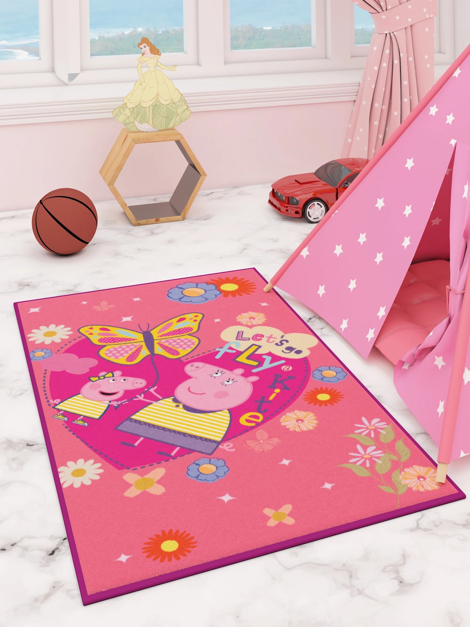 Embrace Playful Adventures with Peppa Pig Let's Go Fly Kite Pink Kids Carpet - Athom Living