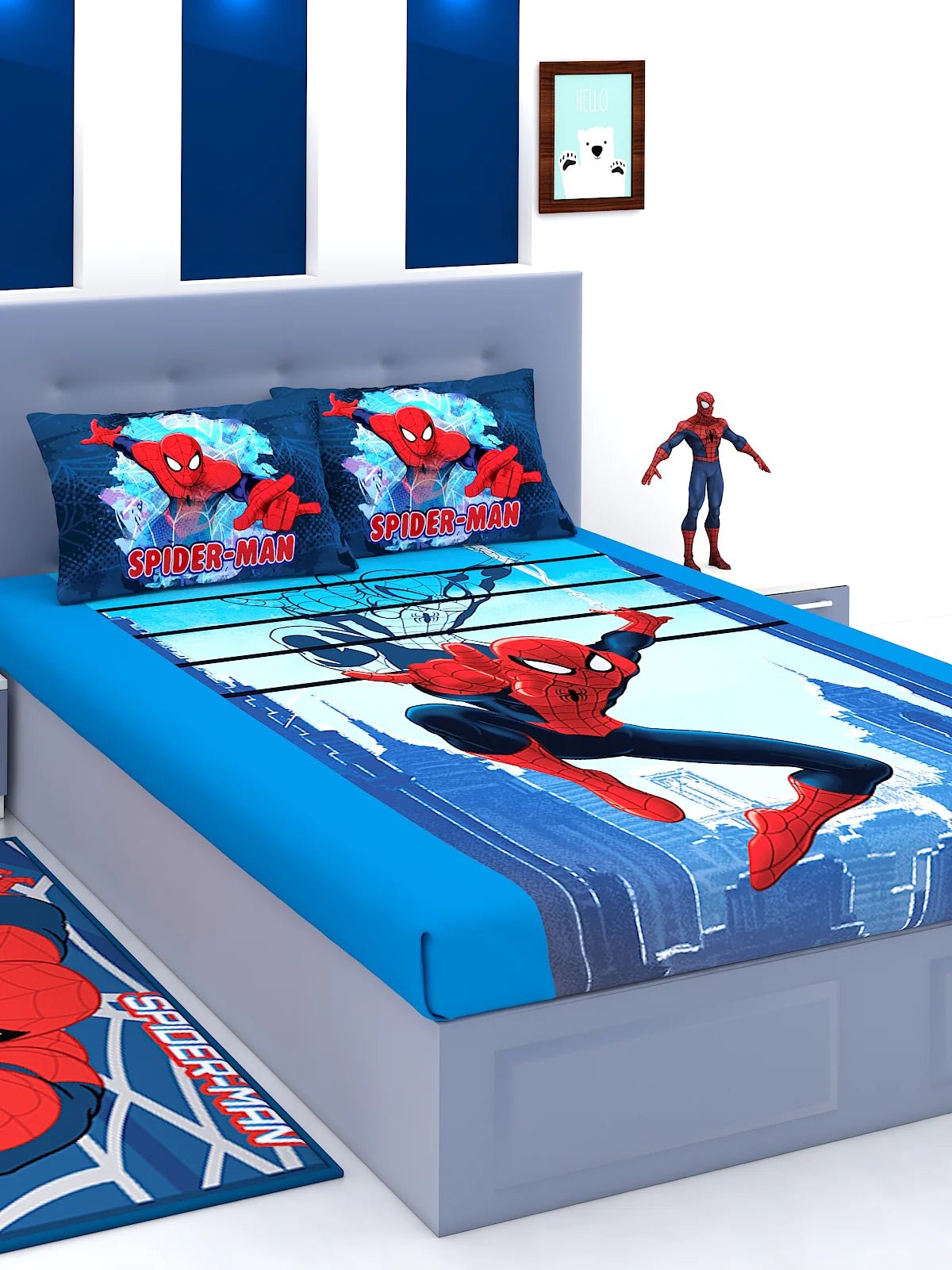Marvel Spiderman Blue Cotton Double Bedsheet Set- King Size - Athom Living