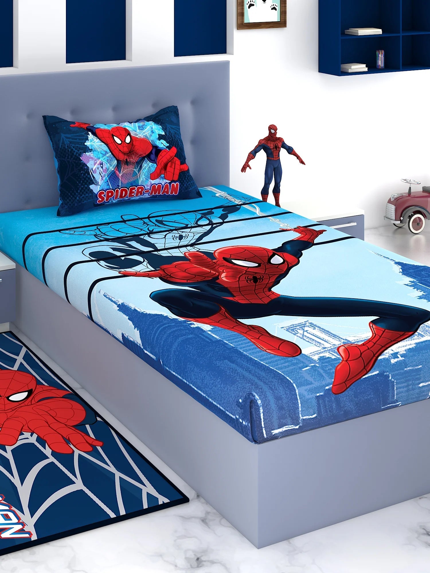 Marvel Spiderman Blue Cotton Single Bedsheet Set - Athom Living