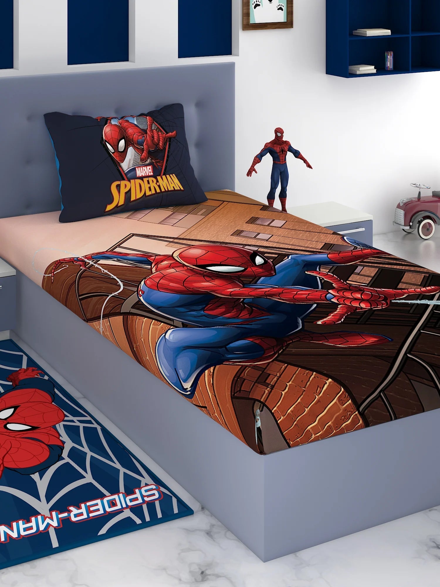 Marvel Spiderman Red Cotton Single Bedsheet Set - Athom Living