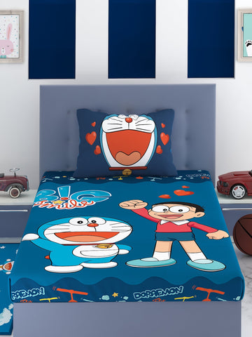 Athom Living Doraemon Big Smile Cotton Single Kids Bedsheet with Runner Carpet