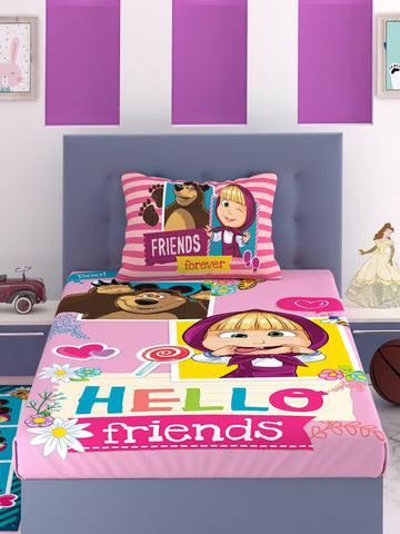 Athom Living Masha and The Bear Cotton Single Kids Bedsheet With Runner Carpet