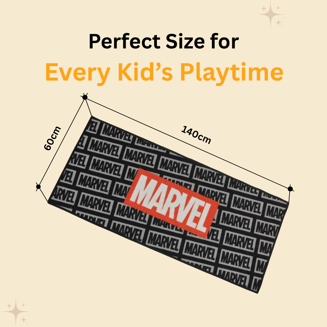 A colorful Black Marvel themed kids runner carpet designed by Athom Living, combining comfort, durability, and eye-catching superhero patterns for children’s rooms.
