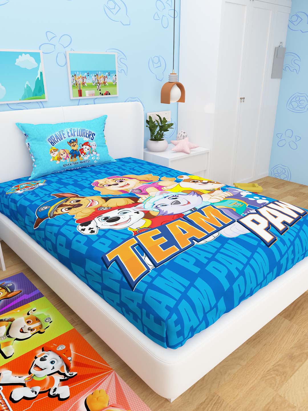 A colorful Paw Patrol-themed kids cotton single bedsheet by Athom Living, showcasing Team Paw graphics with a coordinated pillow cover to create a fun, soft, and cozy bedding setup ideal for young fans.