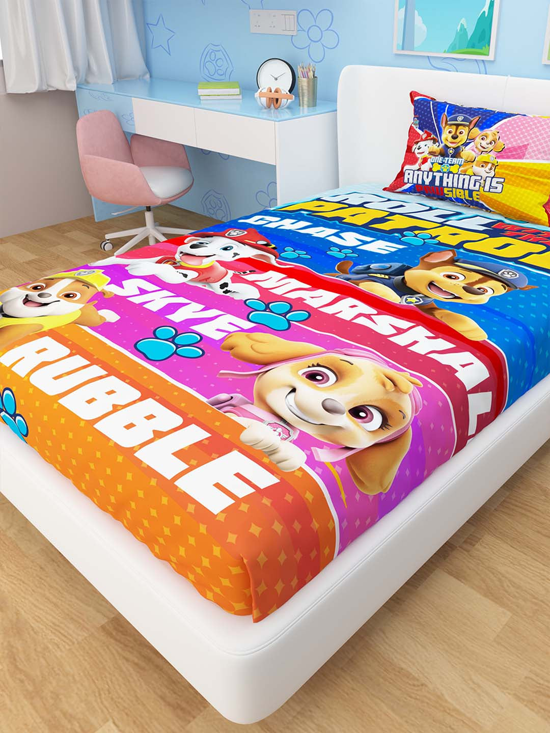 A premium-quality Athom Living Paw Patrol cotton kids single bedsheet with 1 pillow cover showcasing adorable characters, soft material, and a playful theme ideal for enhancing a kid’s bedroom décor.