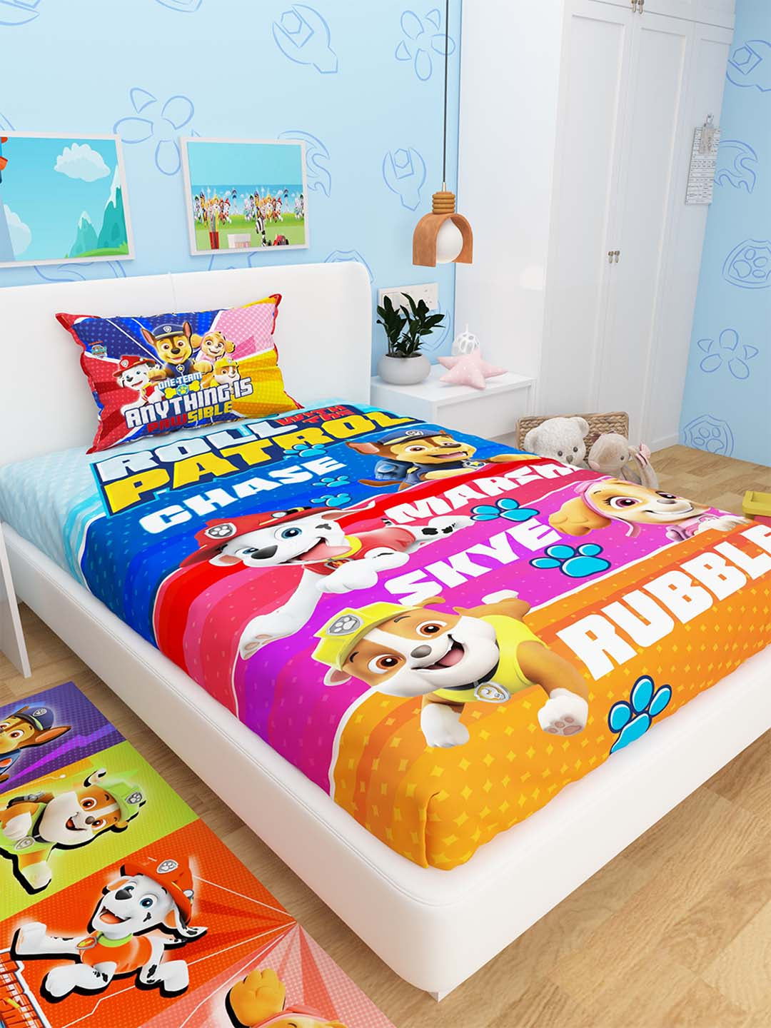 A stylish One Team Anything Is Possible Paw Patrol cotton kids single bedsheet with 1 pillow cover by Athom Living, offering comfort, durability, and a fun cartoon design perfect for brightening any child’s room.