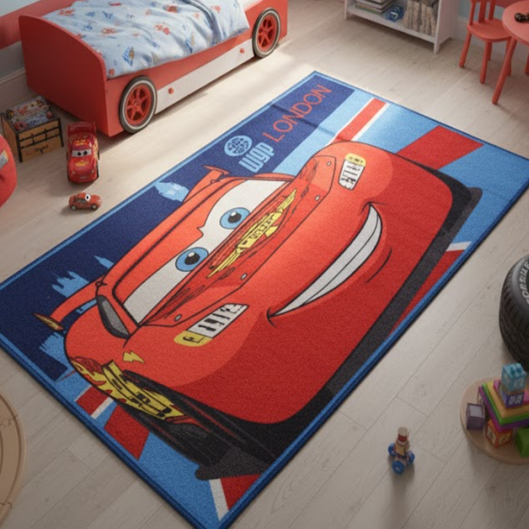 A vibrant Disney Cars themed carpet from Athom Living, showcasing Lightning McQueen and friends, perfect for kids’ rooms, measuring 90x150cm, adding fun and color to playtime.