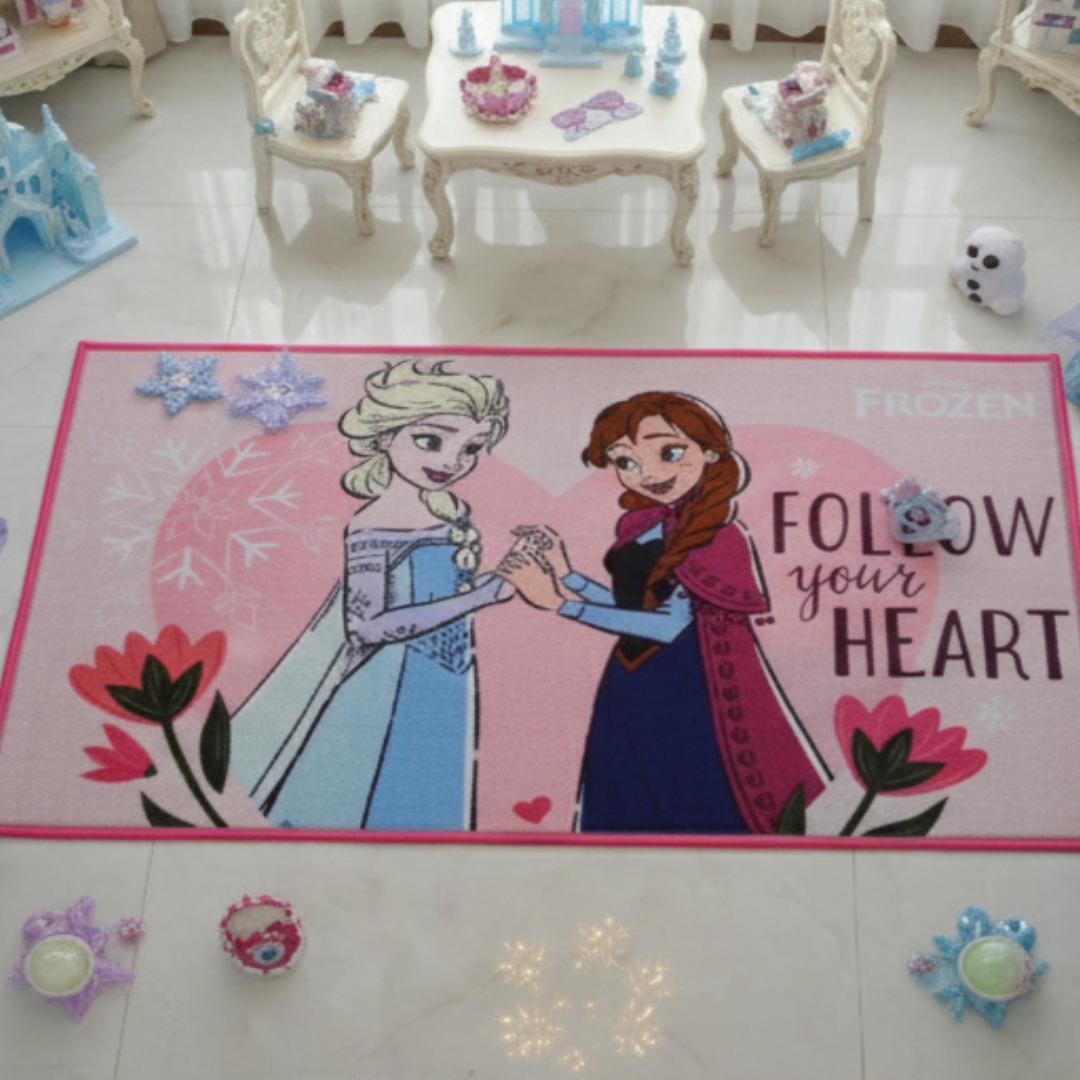 A vibrant Disney Frozen Sisters themed carpet by Athom Living, perfect for kids’ rooms, featuring Anna and Elsa in a magical icy landscape, size 90x150cm, soft and playful carpet.