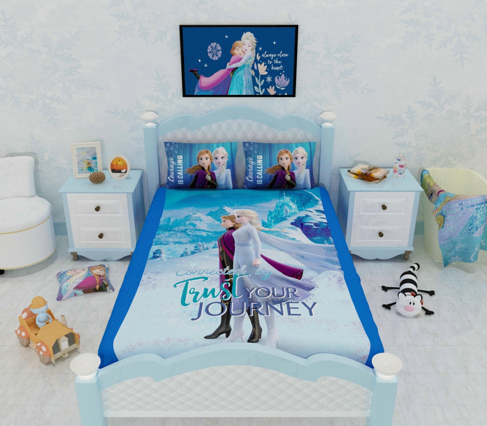 A vibrant Frozen Together Forever kids bedsheet set with 2 pillow cover featuring Anna and Elsa, crafted in soft cotton, perfect for double beds and designed to brighten kids’ rooms with comfort and style.