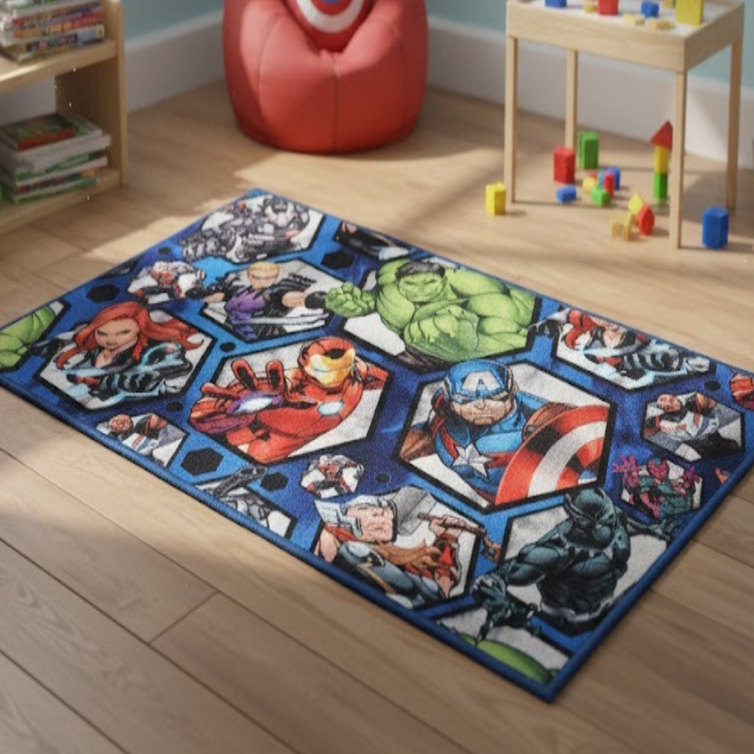 A vibrant Marvel Avengers & Hulk themed carpet by Athom Living, showcasing superheroes in action, perfect for kids’ rooms, measuring 90x150cm, adding fun and excitement to any space.