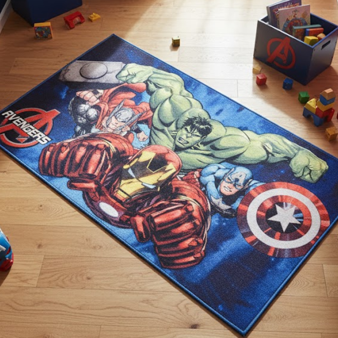 A vibrant Marvel Avengers kids carpet featuring iconic superheroes in action, perfect for playrooms and bedrooms, showcasing a fun and durable 90x150cm design by Athom Living.