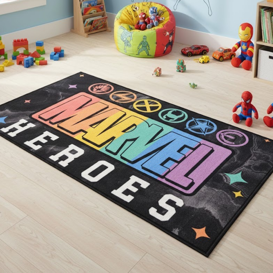 A vibrant Marvel Heroes themed carpet by Athom Living, featuring iconic superheroes in bold colors, perfect for kids’ rooms, play areas, or living spaces, sized 90x150cm.