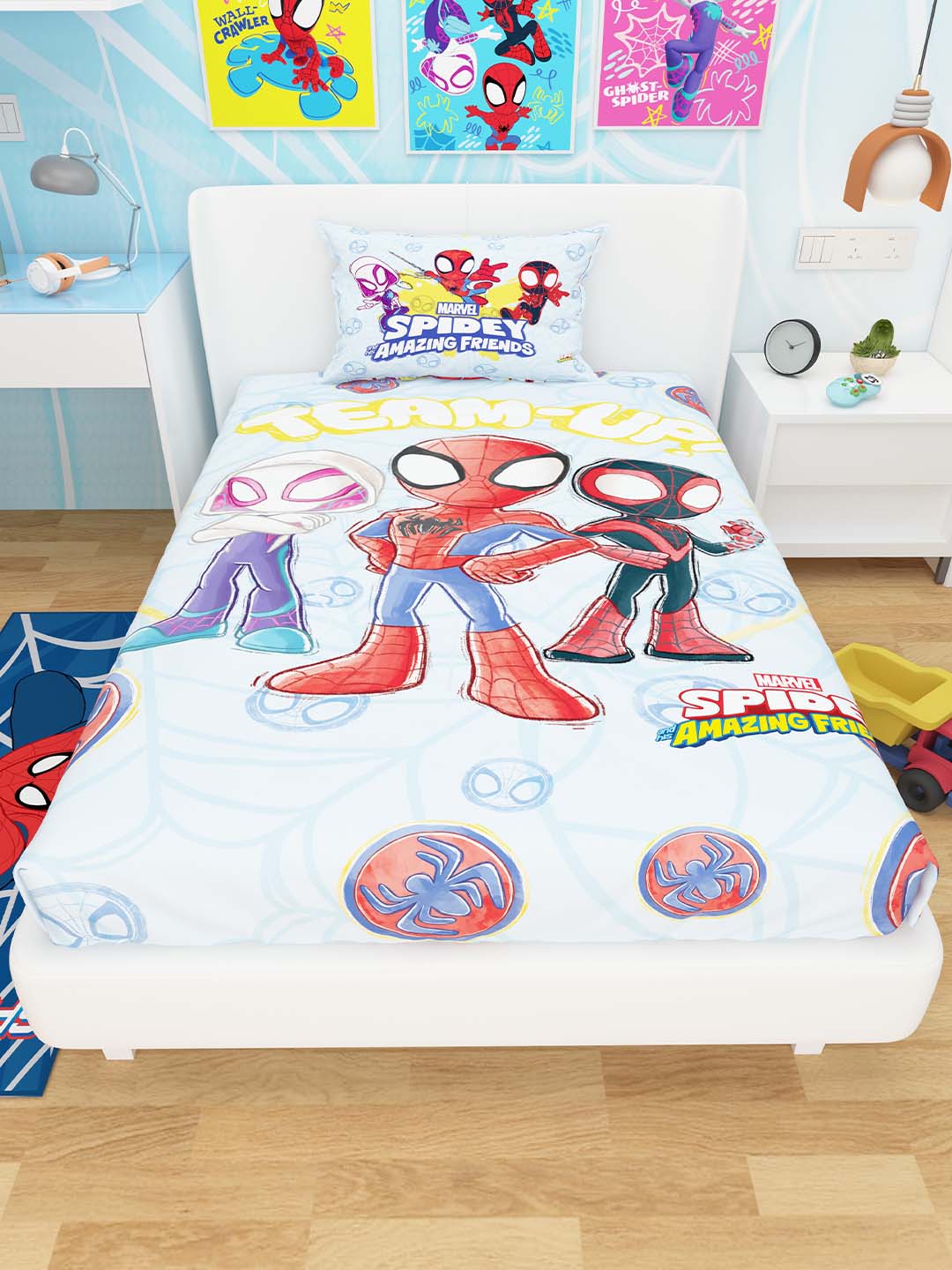 A vibrant Marvel Spidey Amazing Friends kids cotton single bedsheet with a matching pillow cover by Athom Living, featuring bold superhero graphics designed to brighten children’s bedroom decor.