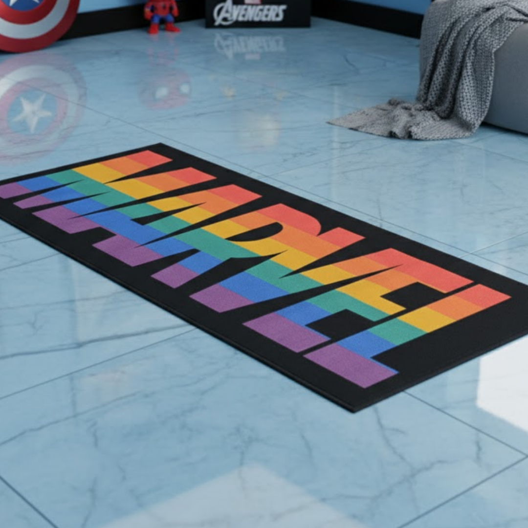 A vibrant Marvel themed runner carpet featuring iconic superheroes, perfect for kids’ rooms, measuring 60x140 cm, offering a soft, durable, and playful addition to any home décor.
