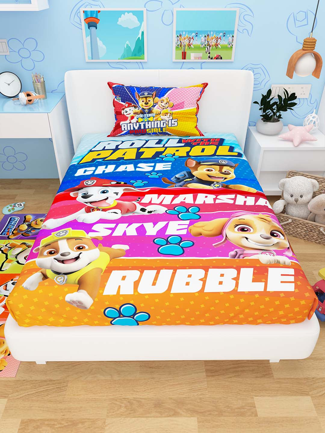 A vibrant Paw Patrol-themed cotton kids single bedsheet with 1 pillow cover featuring colorful characters and soft fabric, designed by Athom Living to create a cheerful and cozy bedroom space for children.