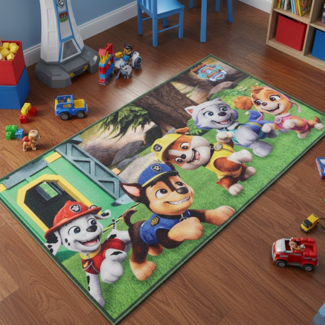 A vibrant Paw Patrol themed carpet by Athom Living, designed for kids’ rooms, featuring favorite characters. Perfect size 90x150cm, soft and playful, ideal for fun and comfort.