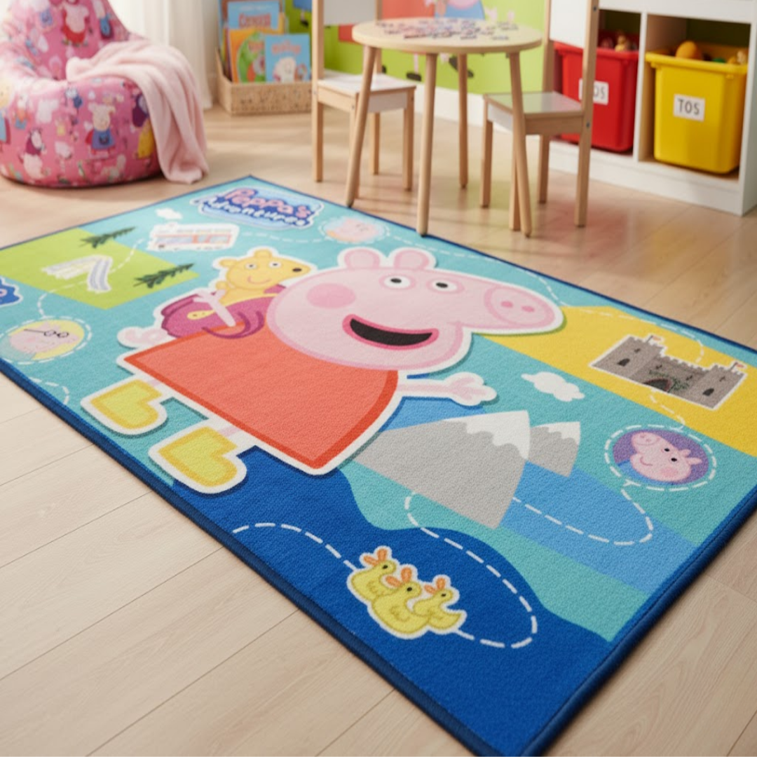 A vibrant Peppa Pig themed carpet featuring playful adventure scenes, perfect for kids’ rooms, adding fun, comfort, and style to your space. Size 90x150cm.