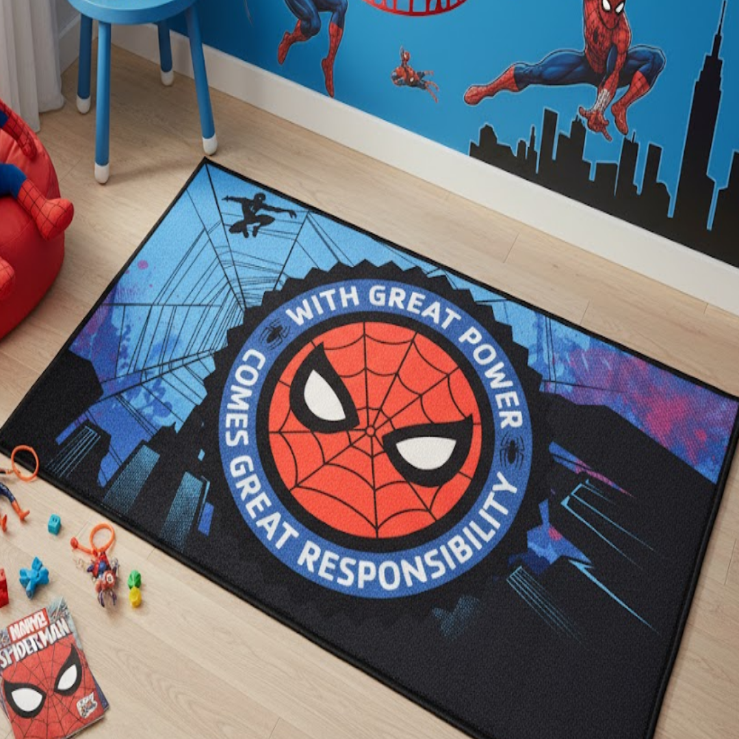 A vibrant Spiderman themed carpet by Athom Living, perfect for kids’ rooms, measuring 90x150cm, adding fun, color, and comfort while enhancing playtime in every corner of the room.