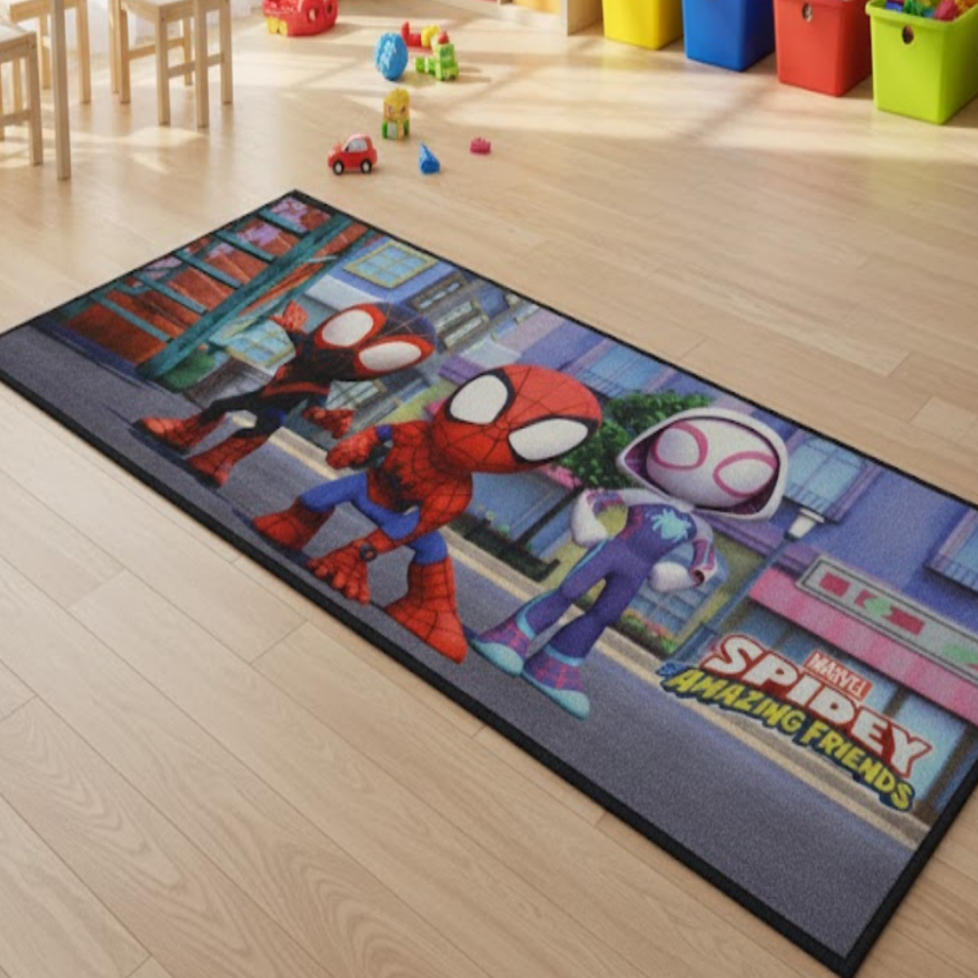 A vibrant Spidey themed kids runner carpet by Athom Living, featuring bold superhero graphics, perfect for adding fun and excitement to children’s room décor while offering comfort and durability.