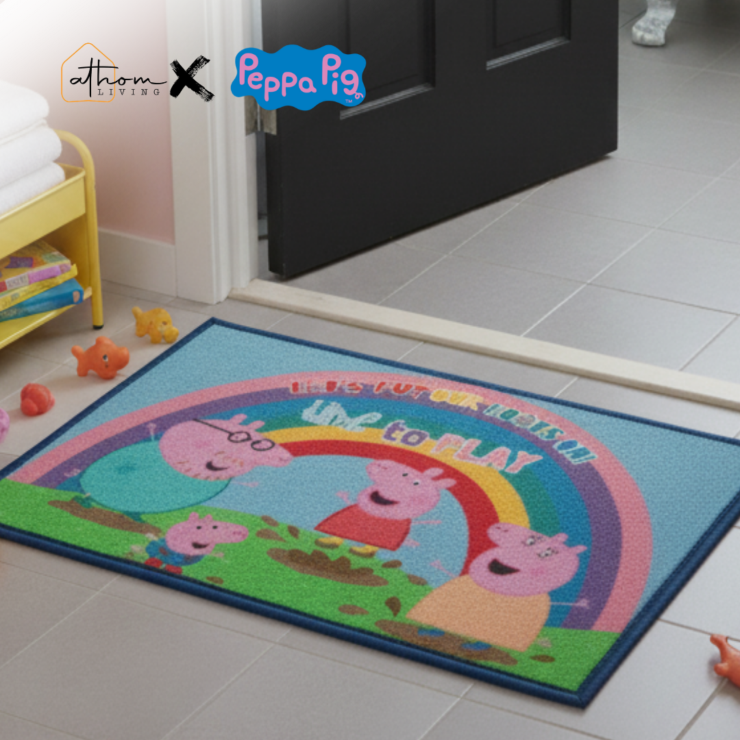Add fun to your child’s room with this Peppa Pig anti-skid kids door mat by Athom Living, featuring the playful quote “Let’s put our foot on! Time to play” — perfect for safe and joyful steps.